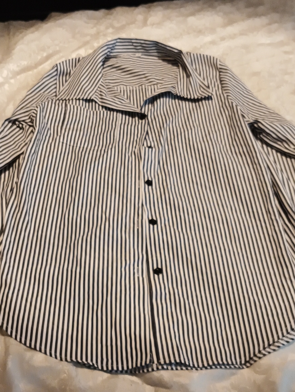 Women’s Navy and White Striped Button-Down Shirt